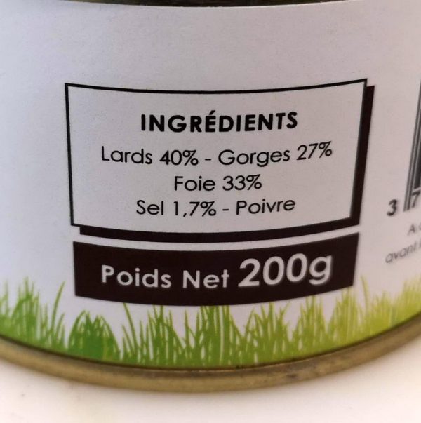 Zoom sur l'étiquette du pâté pur porc 200 g (produit de la ferme de Vers)