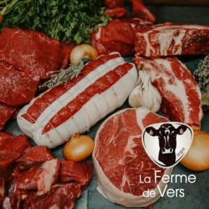 Photo du colis de 5kg de vache angus sans steak avec logo de la Ferme de vers